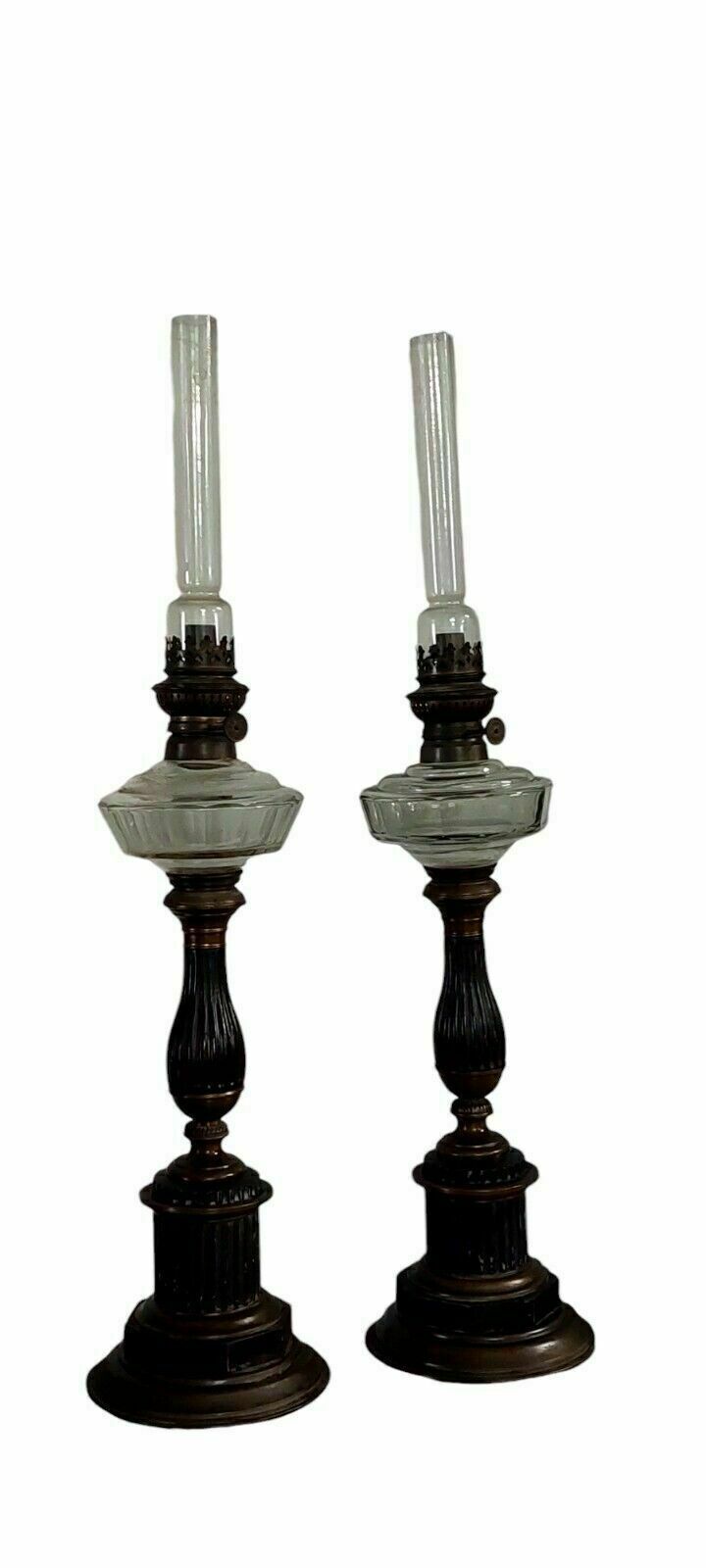 Pair Of Antique Oil Lamps In Metal 19th Century Glass Empire Style photo furniture
