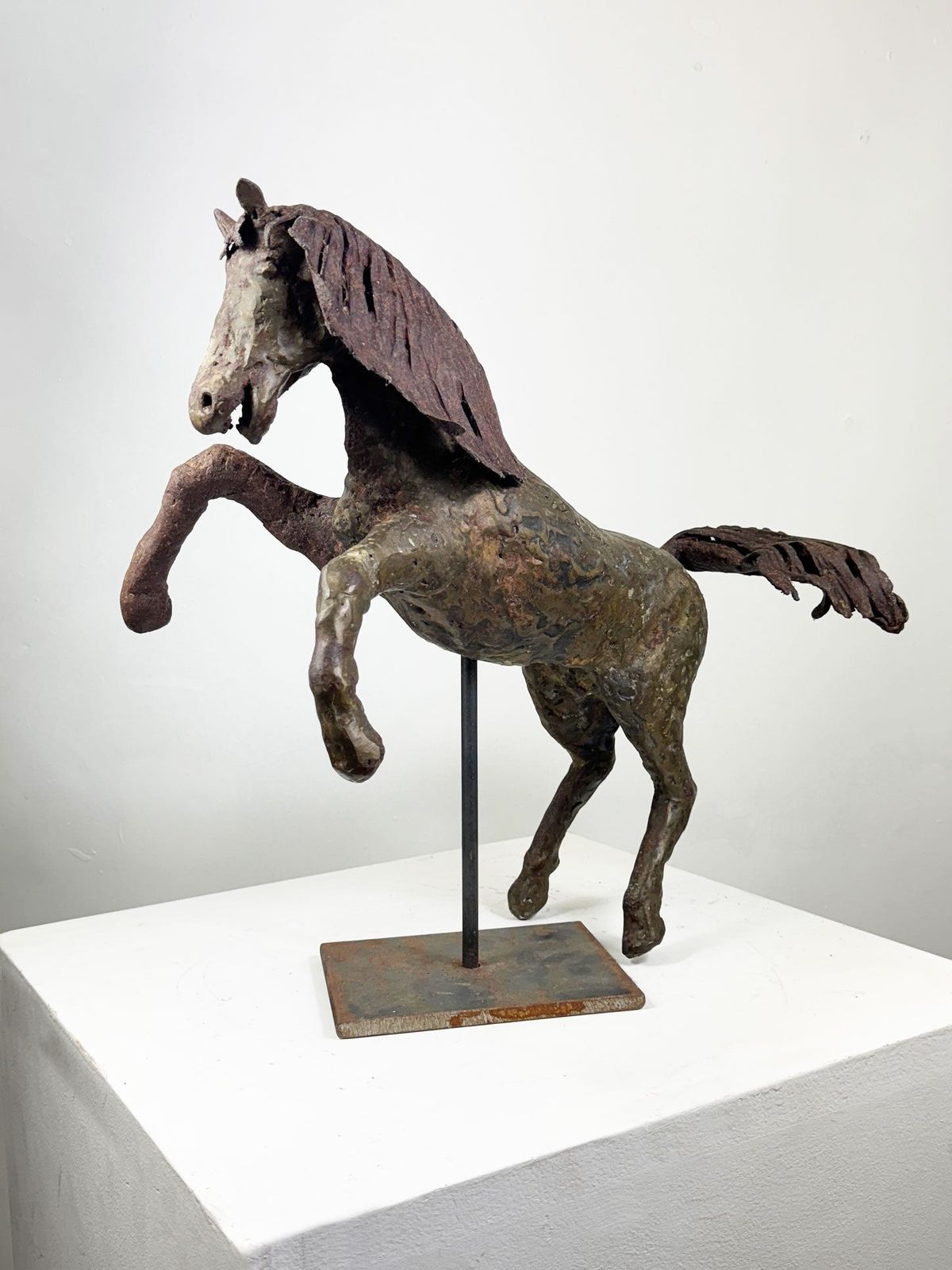 Vintage Large Bronze Metal Decorative Horse Sculpture On Display Stand photo furniture