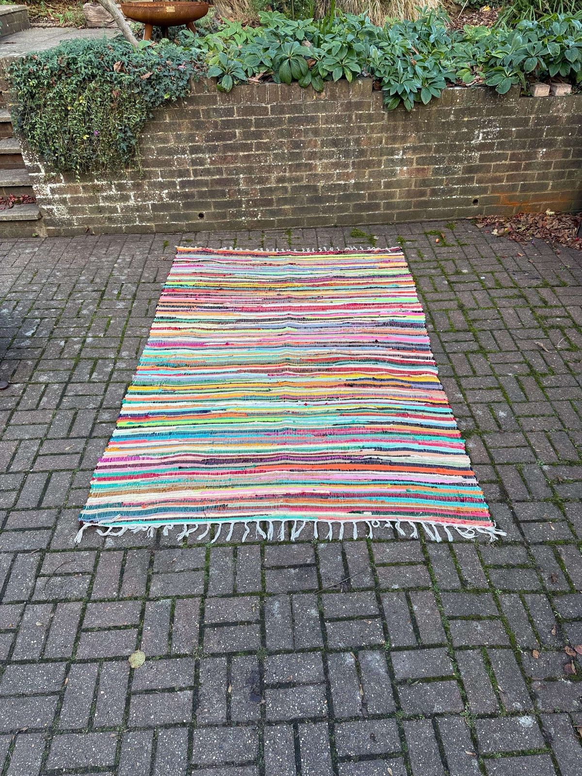 Large Handmade Multi Colour Rag Rug Vintage Boho Striped Woven Cotton Floor Mat Approx 8ft X 5ft photo furniture