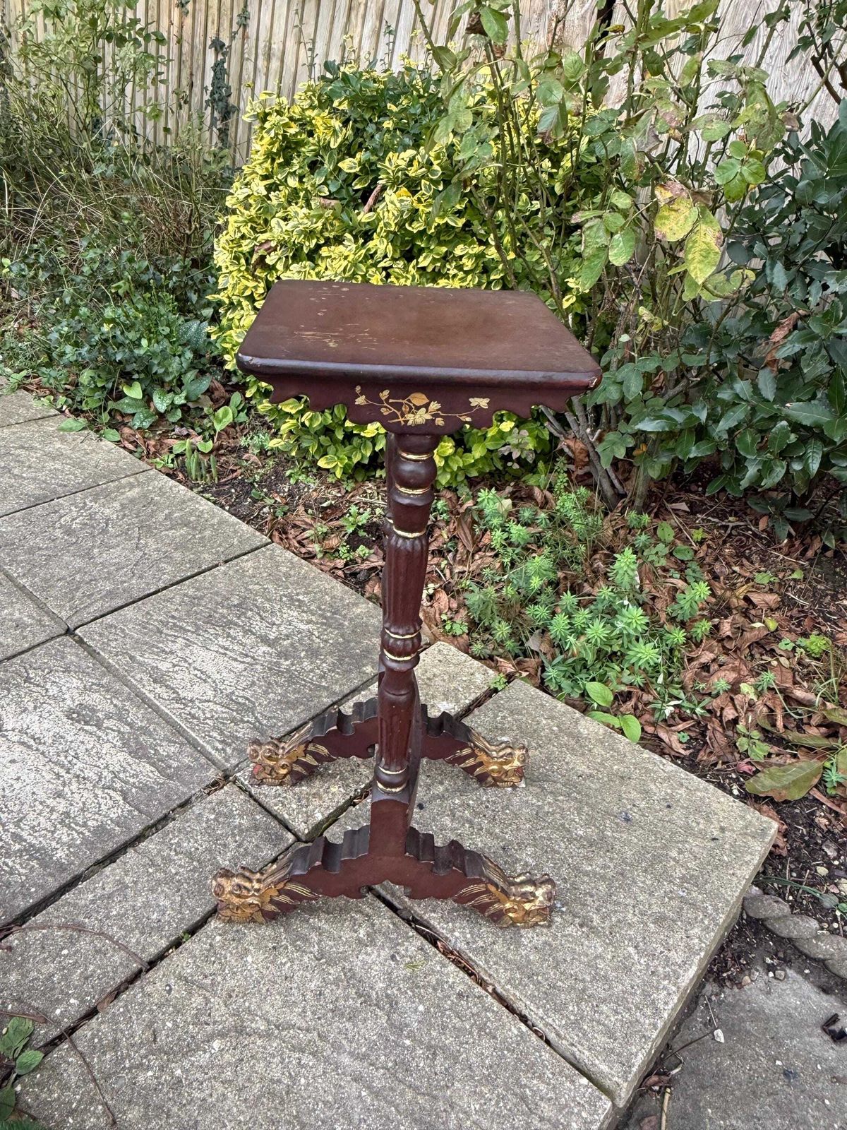 Antique Victorian Chinoiserie Plant Stand With Gilt Dragon Feet Side Table Lacquered. Oriental Design Side Table photo vintage