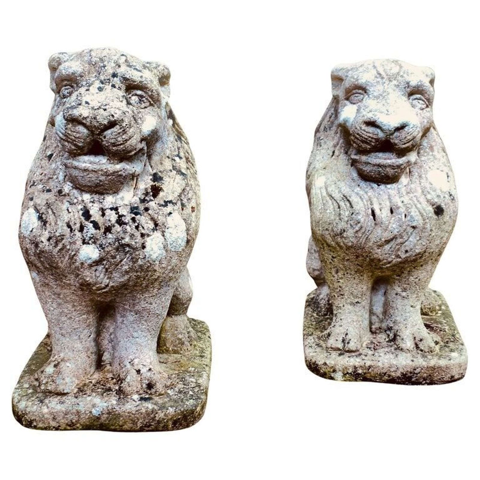 Pair Of Stone Lion Guardians These Are Weathered Statues Of 2 Lions