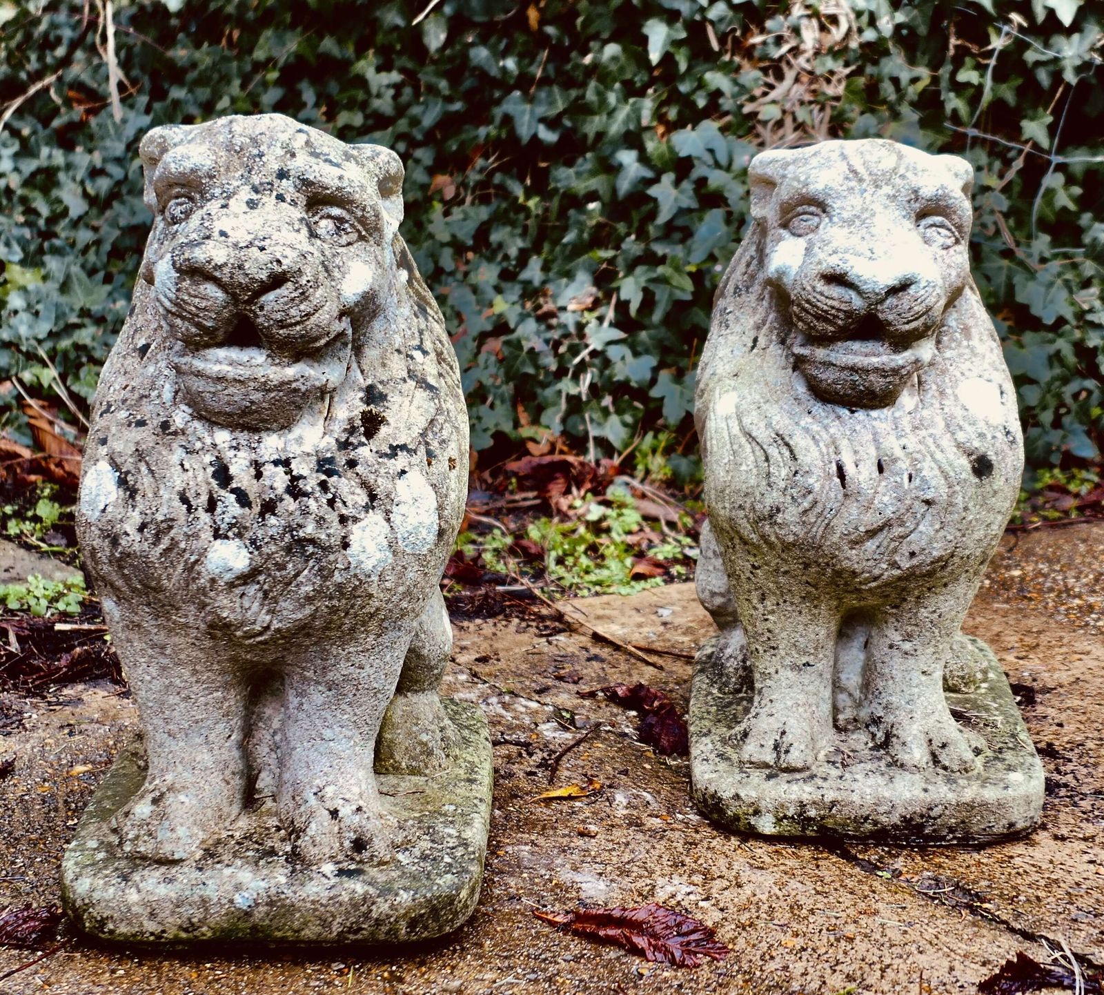 Pair Of Stone Lion Guardians These Are Weathered Statues Of 2 Lions photo furniture