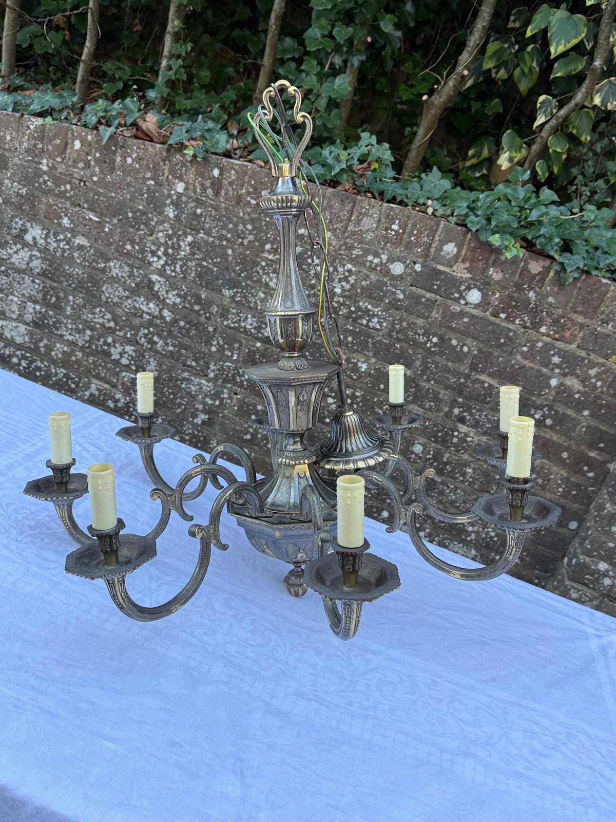 Vintage 1950s French Rococo Revival Brass & Bronze Eight Arm Chandelier – Ornate Antique Lighting photo furniture