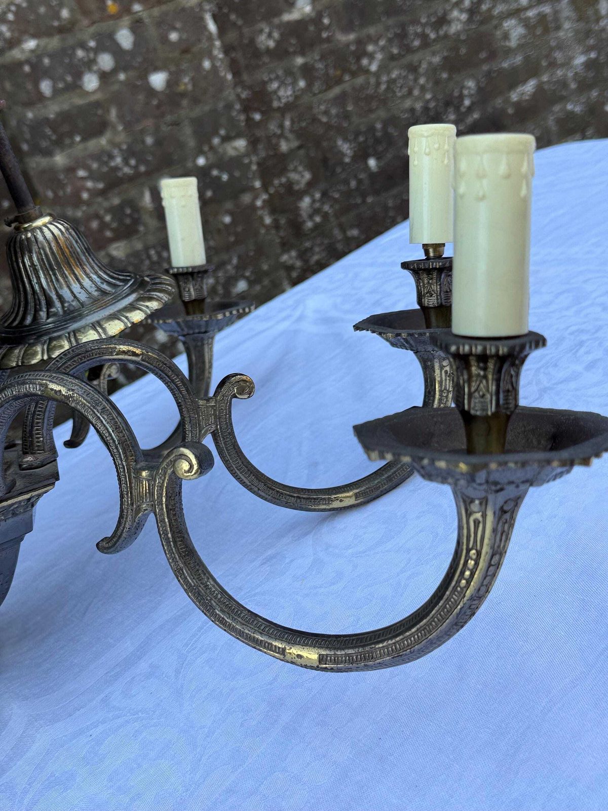 photo for sale Vintage 1950s French Rococo Revival Brass & Bronze Eight Arm Chandelier – Ornate Antique Lighting