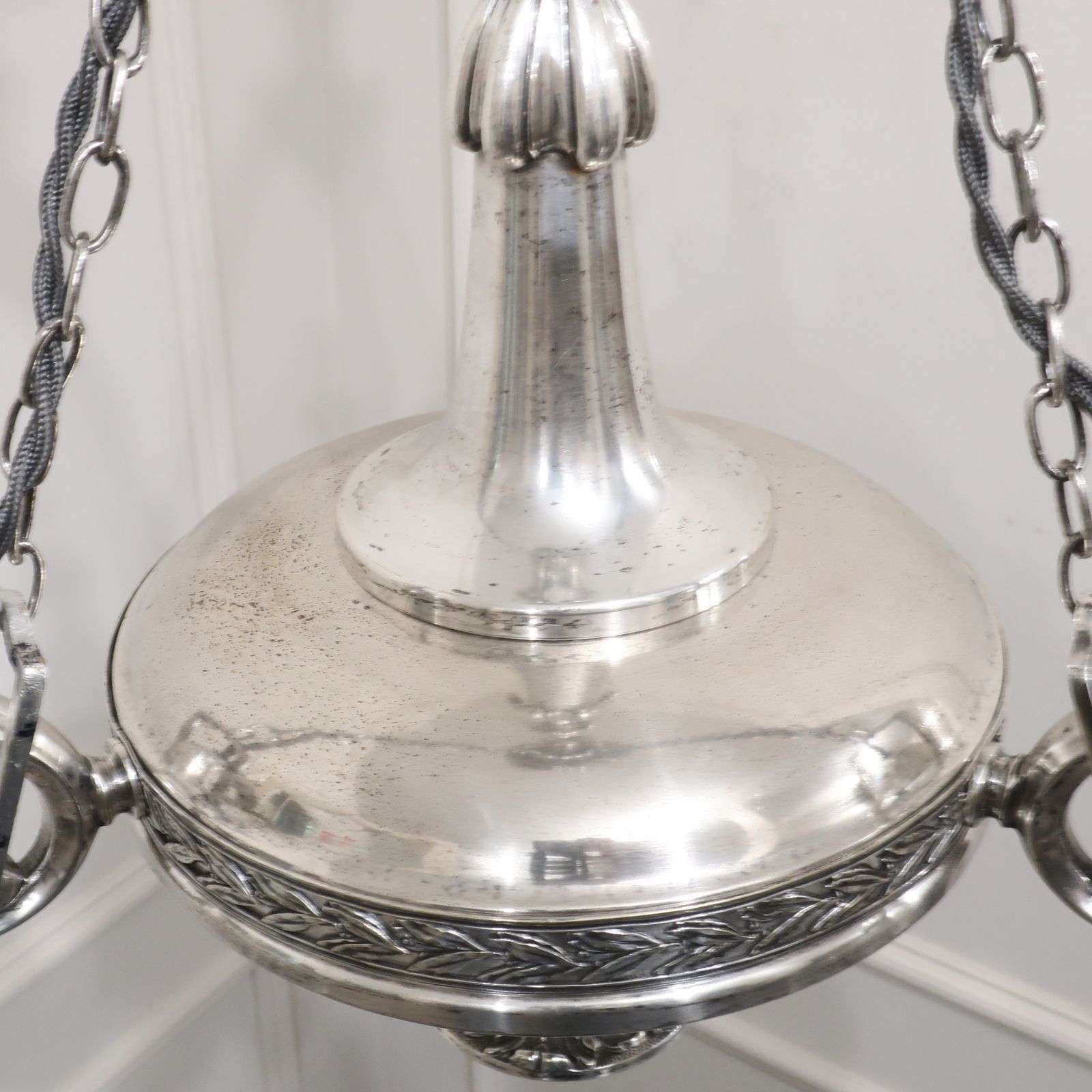 photo for sale Edwardian Silver Chandelier With Crystal Glass Shades Attributed To Osler
