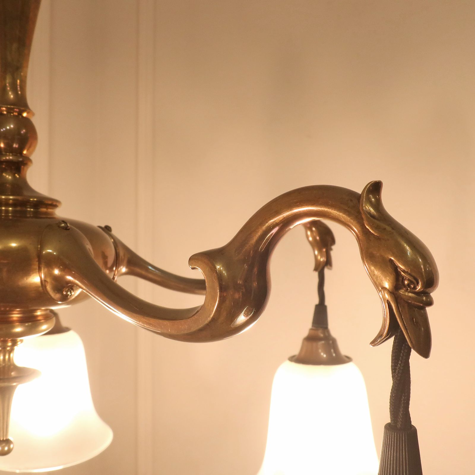 Art Nouveau Cast Bronze Chandelier With Frosted Glass Shades photo for sale