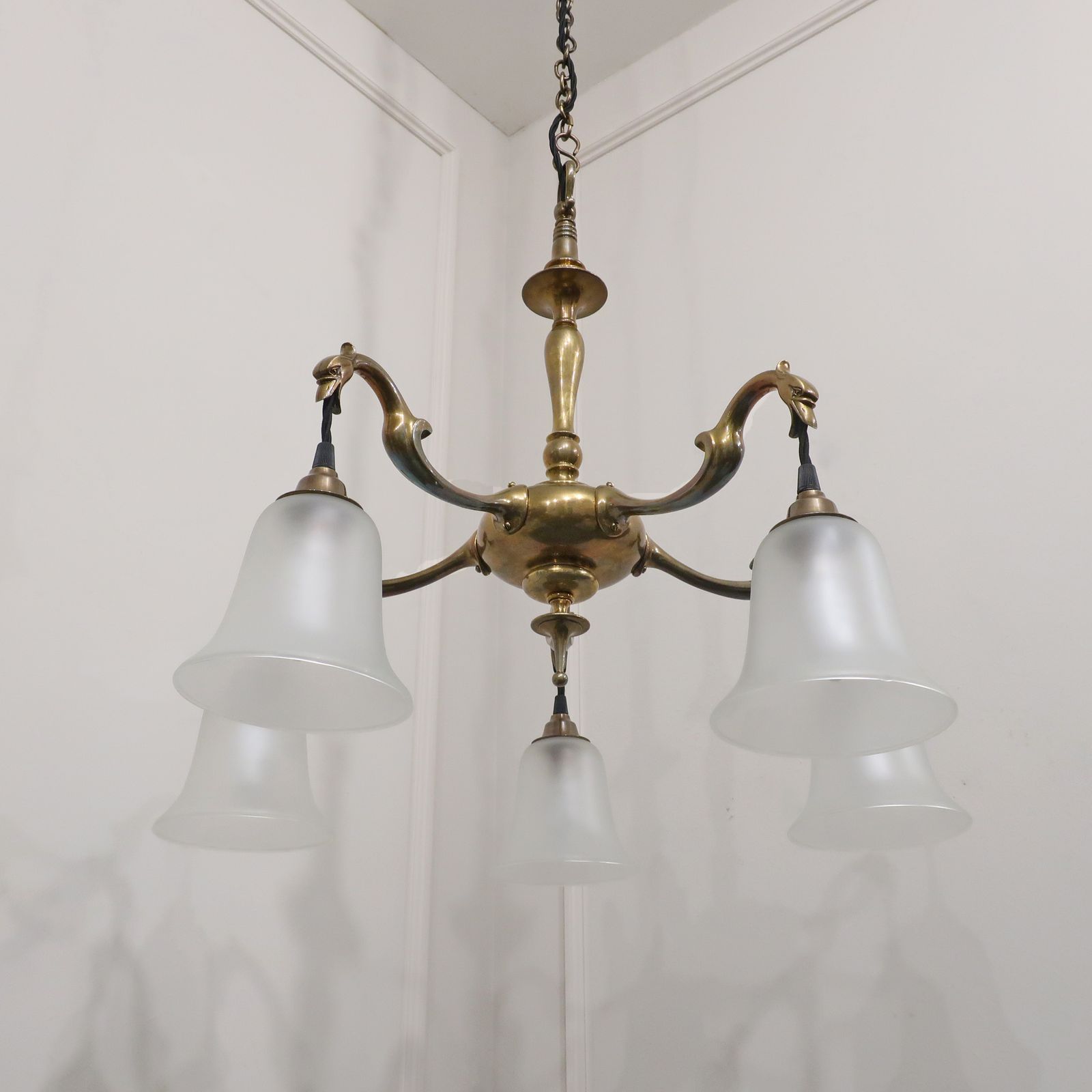 Art Nouveau Cast Bronze Chandelier With Frosted Glass Shades photo buy