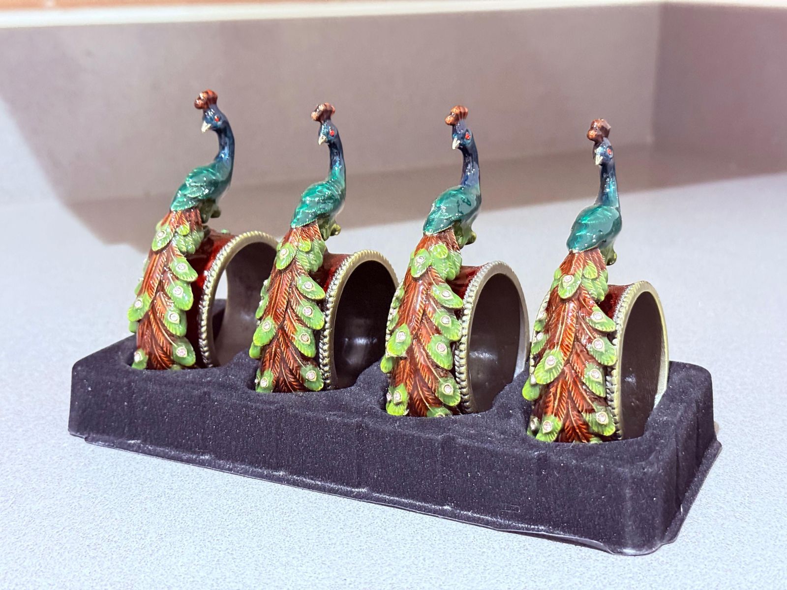 Antique Peacock Napkin Rings & Jewl Set Of 4, Exotic Luxury Dining Accents photo furniture