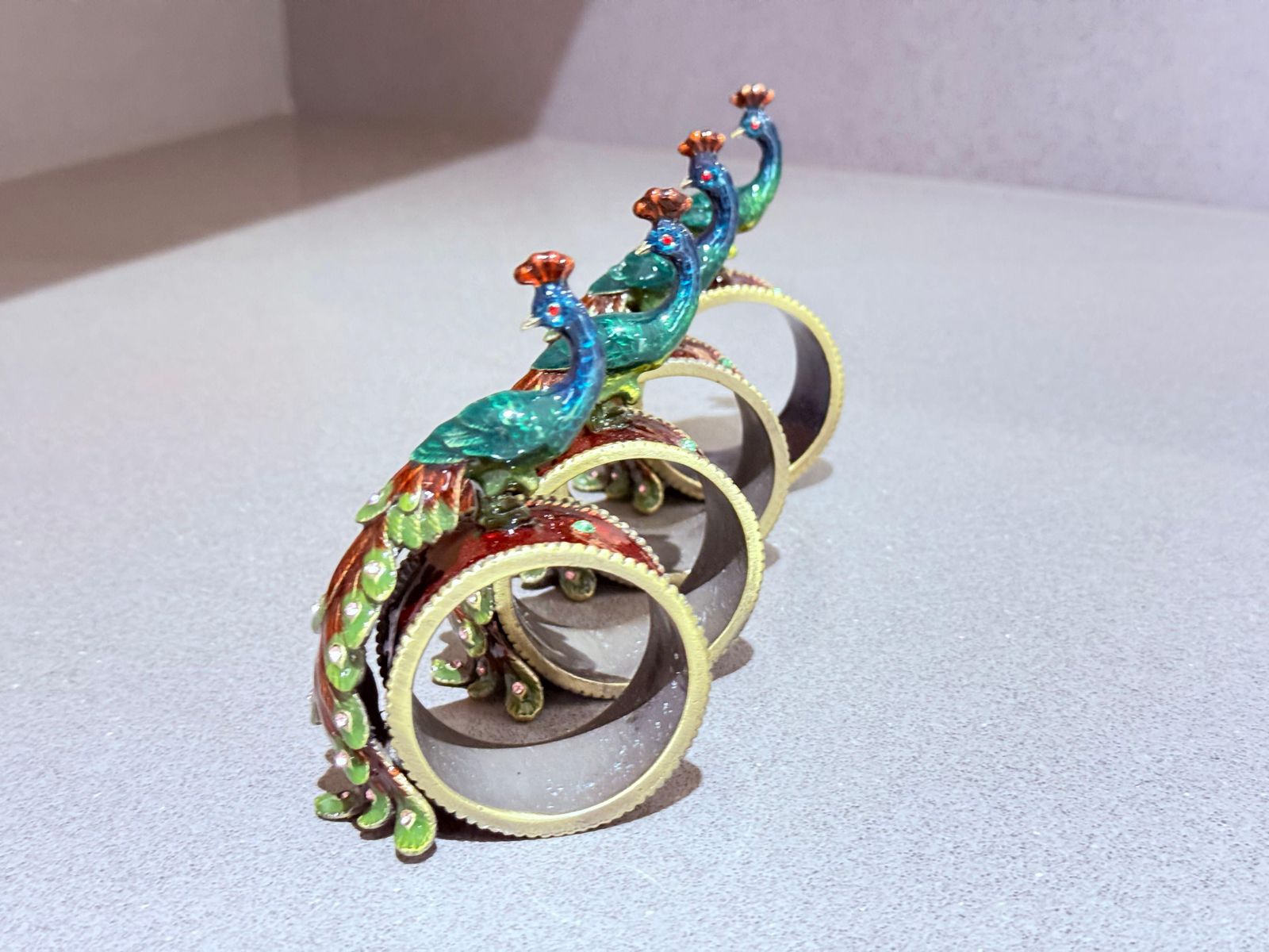Antique Peacock Napkin Rings & Jewl Set Of 4, Exotic Luxury Dining Accents photo buy