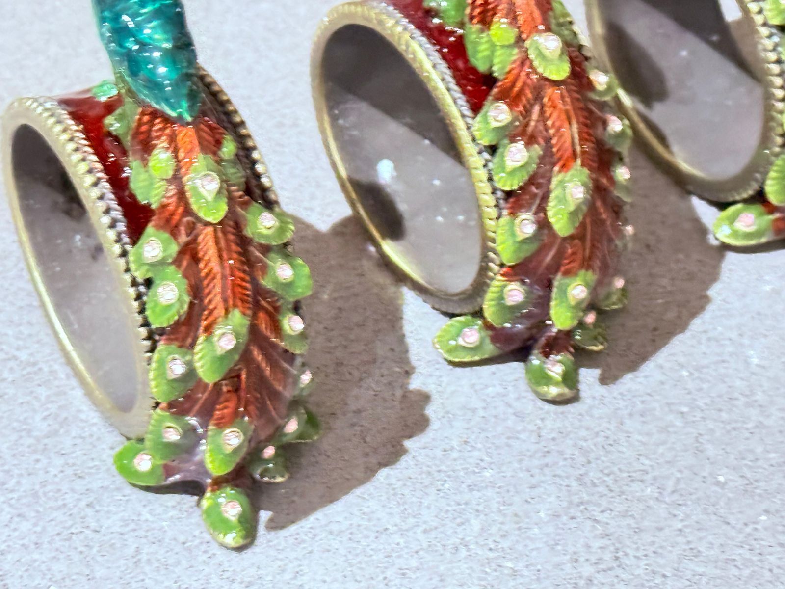 photo for sale Antique Peacock Napkin Rings & Jewl Set Of 4, Exotic Luxury Dining Accents