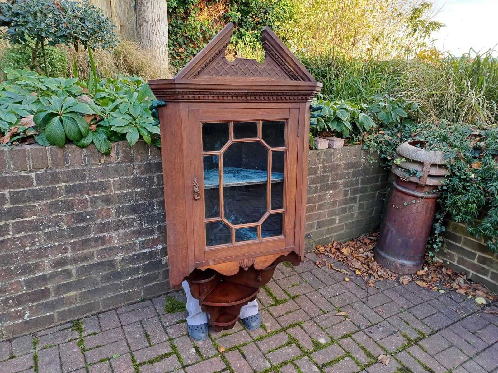 Antique Oak Glazed Corner Display Cabinet C1900 Carved Pediment & Lower Shelves Velvet Interior Bevelled Glass