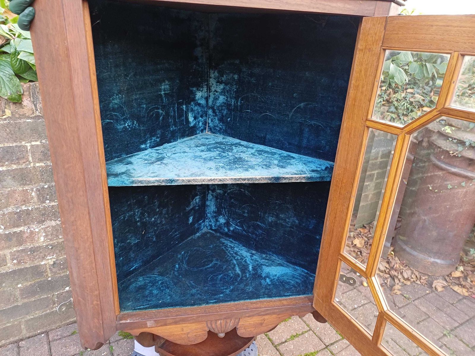 photo for sale Antique Oak Glazed Corner Display Cabinet C1900 Carved Pediment & Lower Shelves Velvet Interior Bevelled Glass
