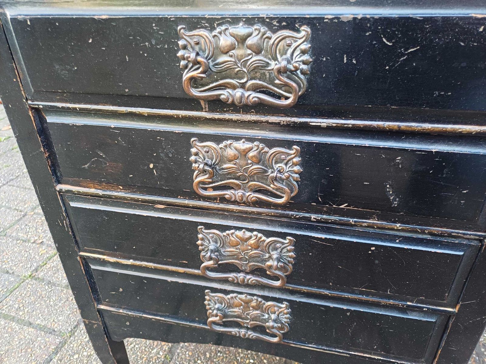Vintage Black Painted Music Chest, 1910s Sheet Music Cabinet With Ornate Handles, Tall Narrow Storage, Antique Storage Solution Papers Etc photo furniture