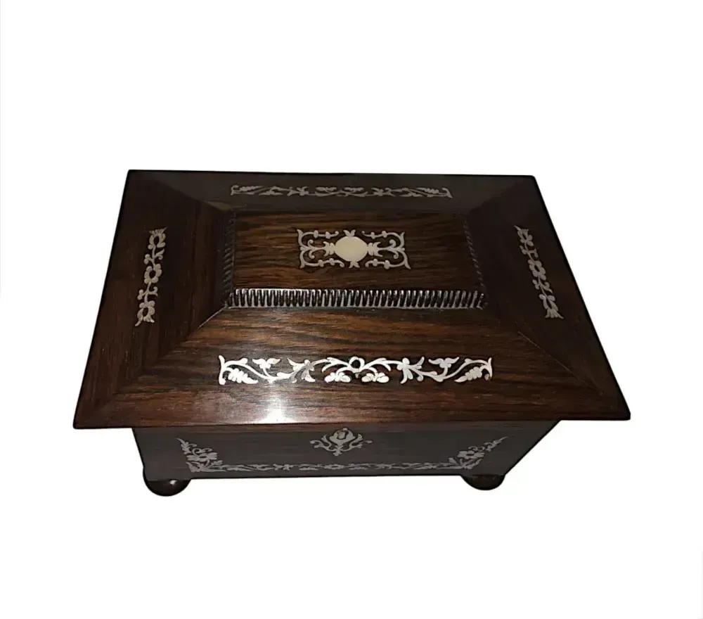 A Gorgeous Early 19th Century Regency Rosewood Small Teapoy Or Jewellery Box Inlaid With Mother Of Pearl photo 435.45889999999997