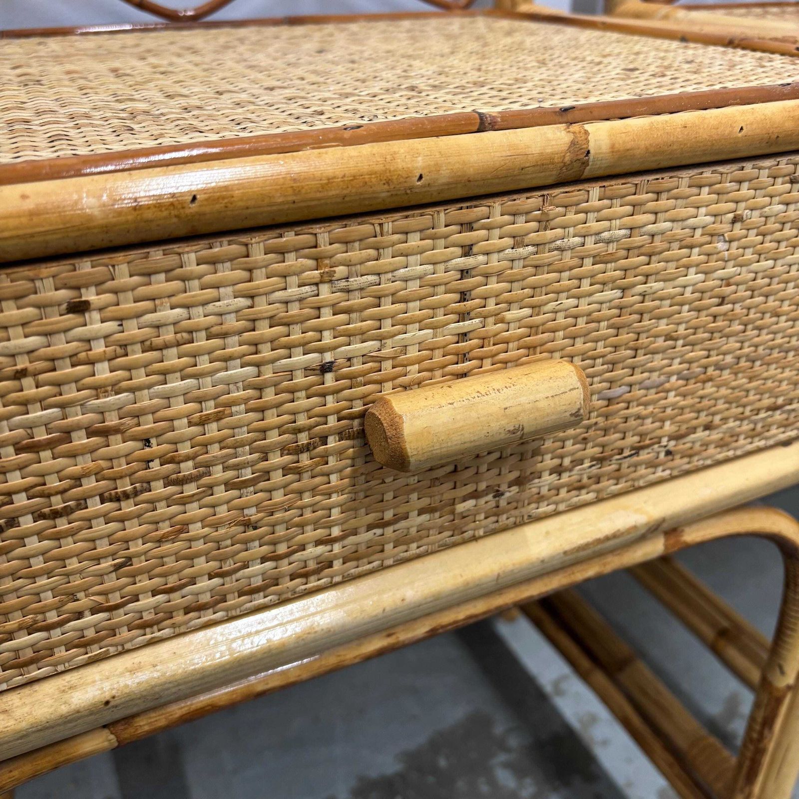 Pair Of Vintage Rattan Bedside Tables, Boho Bamboo Nightstands With Drawers, Woven Cane Side Tables, Coastal Bedroom Furniture Set photo for sale