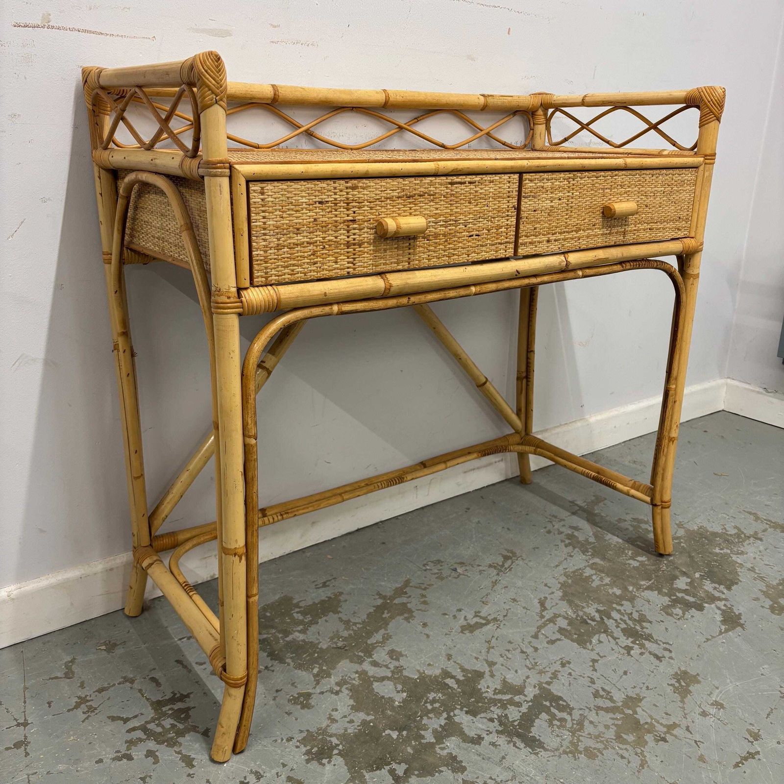 Vintage Bamboo Rattan Console / Dressing Table With Drawers, Boho Woven Cane Table, Natural Coastal Furniture, Lightweight Hall Table