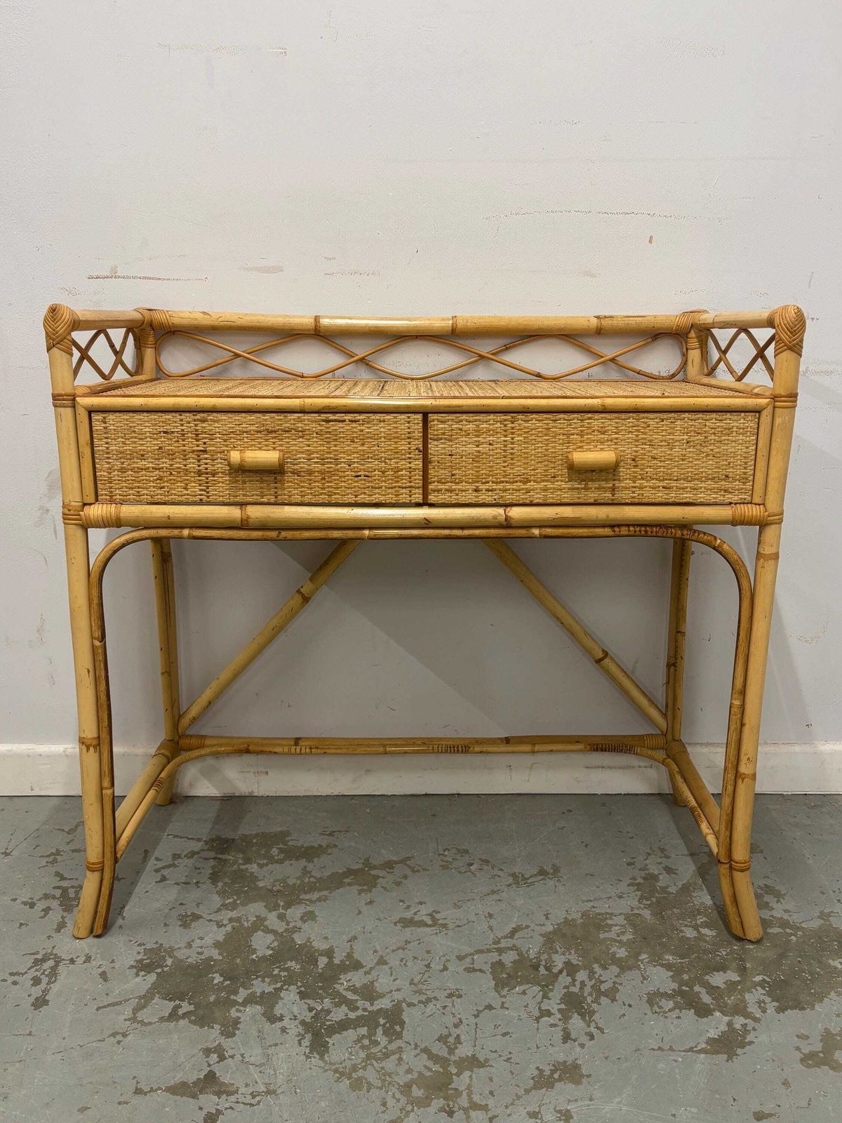 photo furniture Vintage Bamboo Rattan Console / Dressing Table With Drawers, Boho Woven Cane Table, Natural Coastal Furniture, Lightweight Hall Table