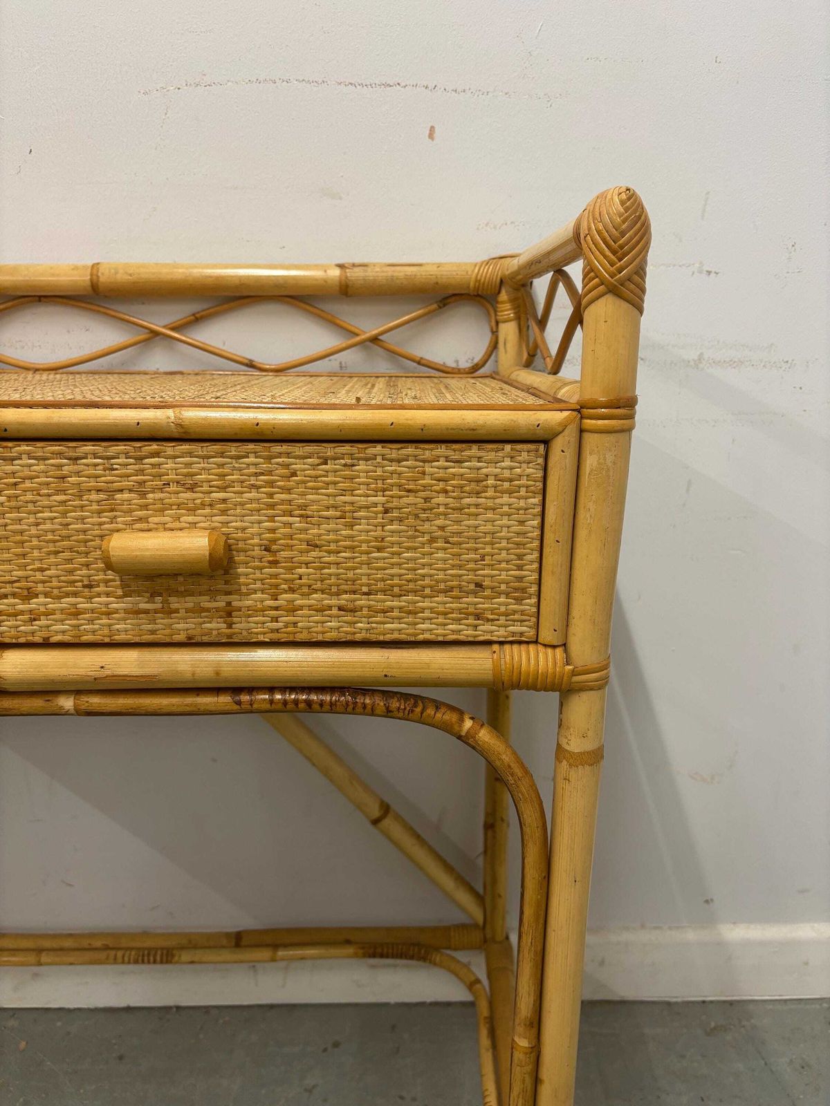 photo for sale Vintage Bamboo Rattan Console / Dressing Table With Drawers, Boho Woven Cane Table, Natural Coastal Furniture, Lightweight Hall Table