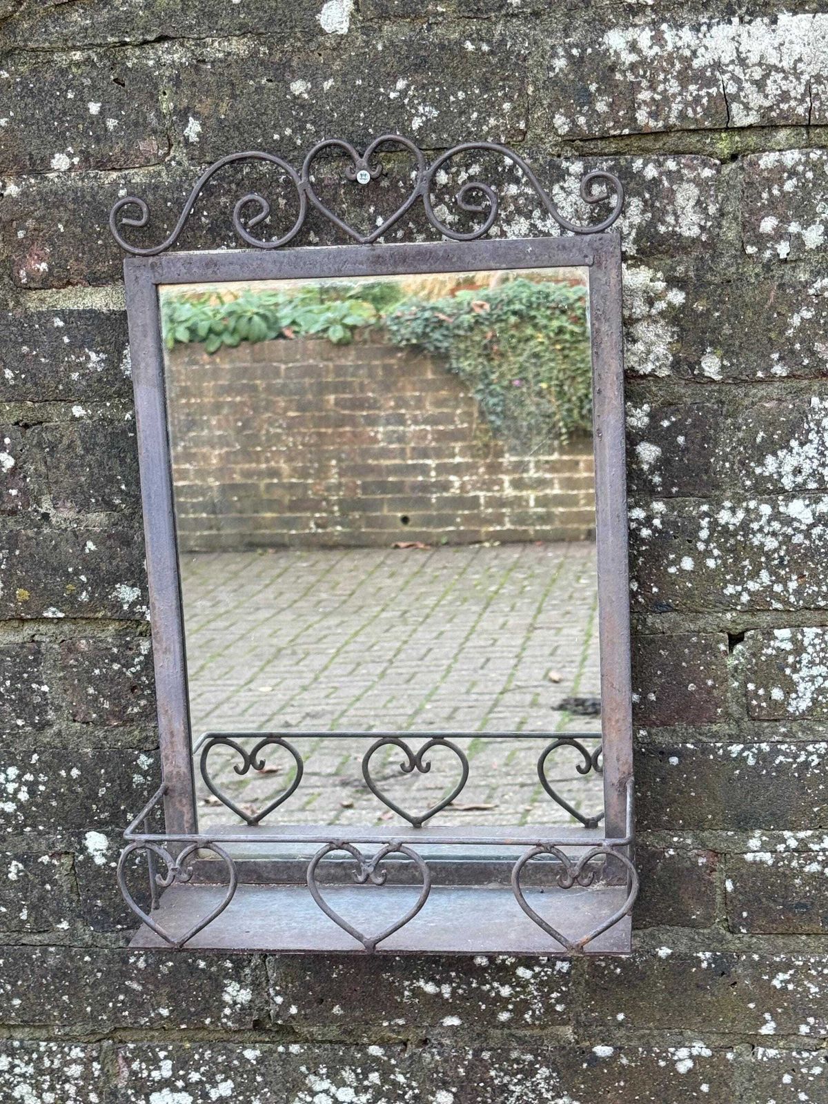 Rustic Vintage Metal Heart Wall Mirror With Shelf, Outdoor Or Indoor Metal Mirror, Boho French Country Home Décor (1) photo furniture