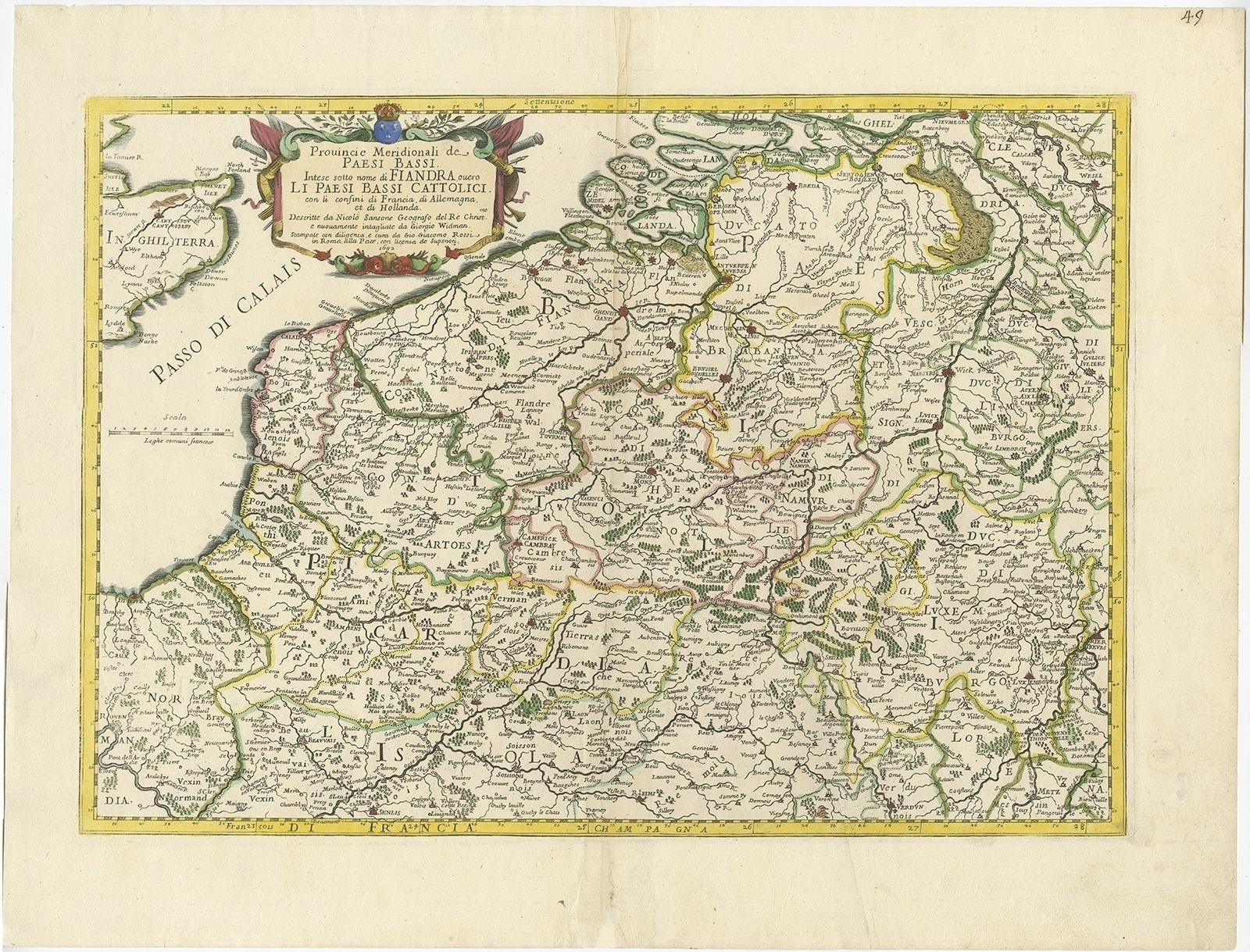 Antique Map Of Belgium And Surroundings By Rossi (1692)