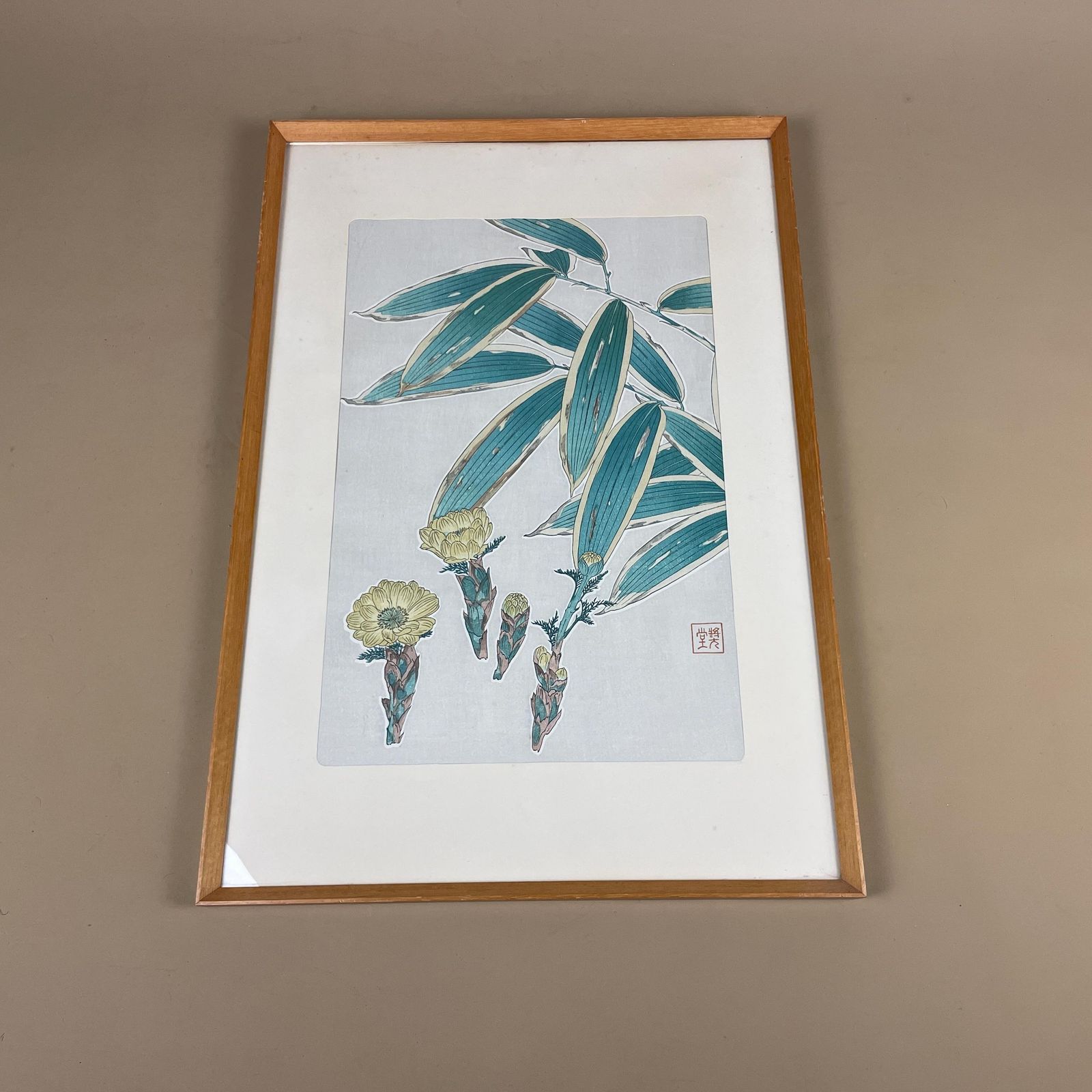 Vintage Japanese Woodblock Print Bamboo Floral Design Framed Wall Art Signed Asian Botanical Traditional Artwork Yellow Chrysanthemum photo furniture