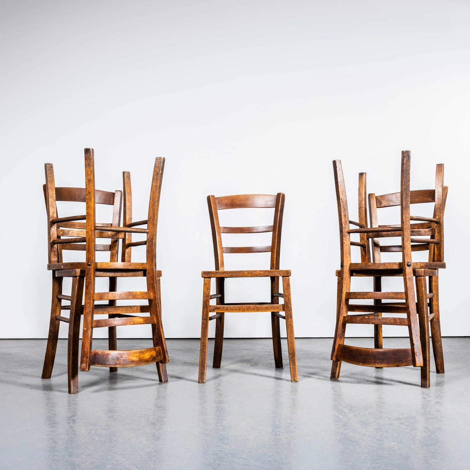 1930’s French Farmhouse Perforated Seat Dining Chairs – Set Of Five