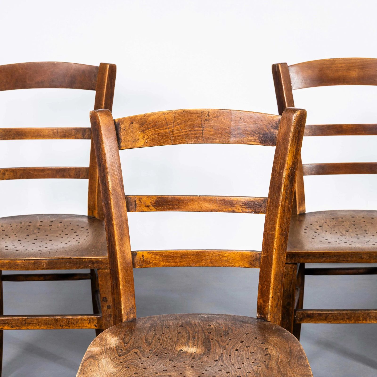 1930’s French Farmhouse Perforated Seat Dining Chairs – Set Of Five photo vinterior