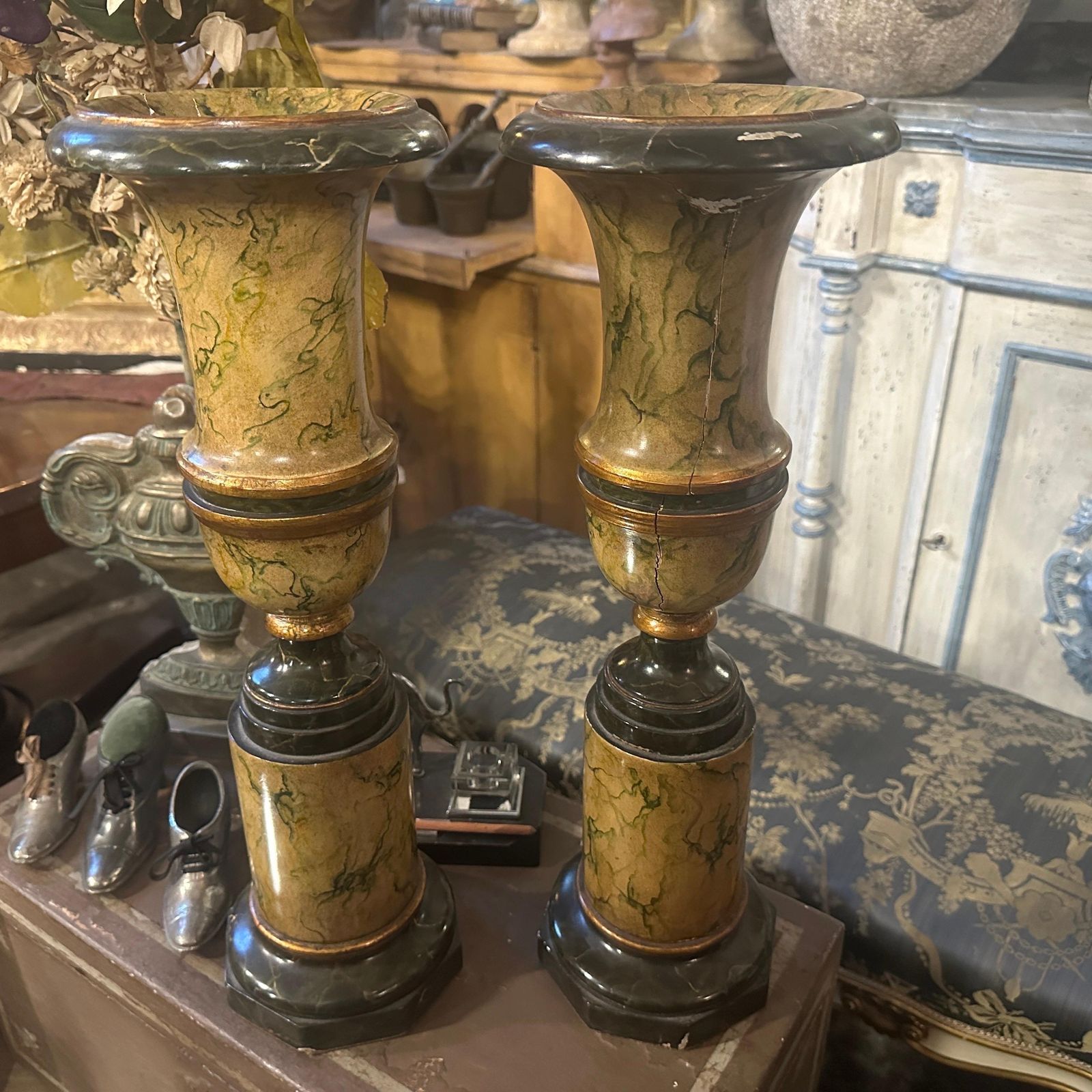 Two Art Deco Faux Marble Lacquered Wood Italian Vases photo for sale