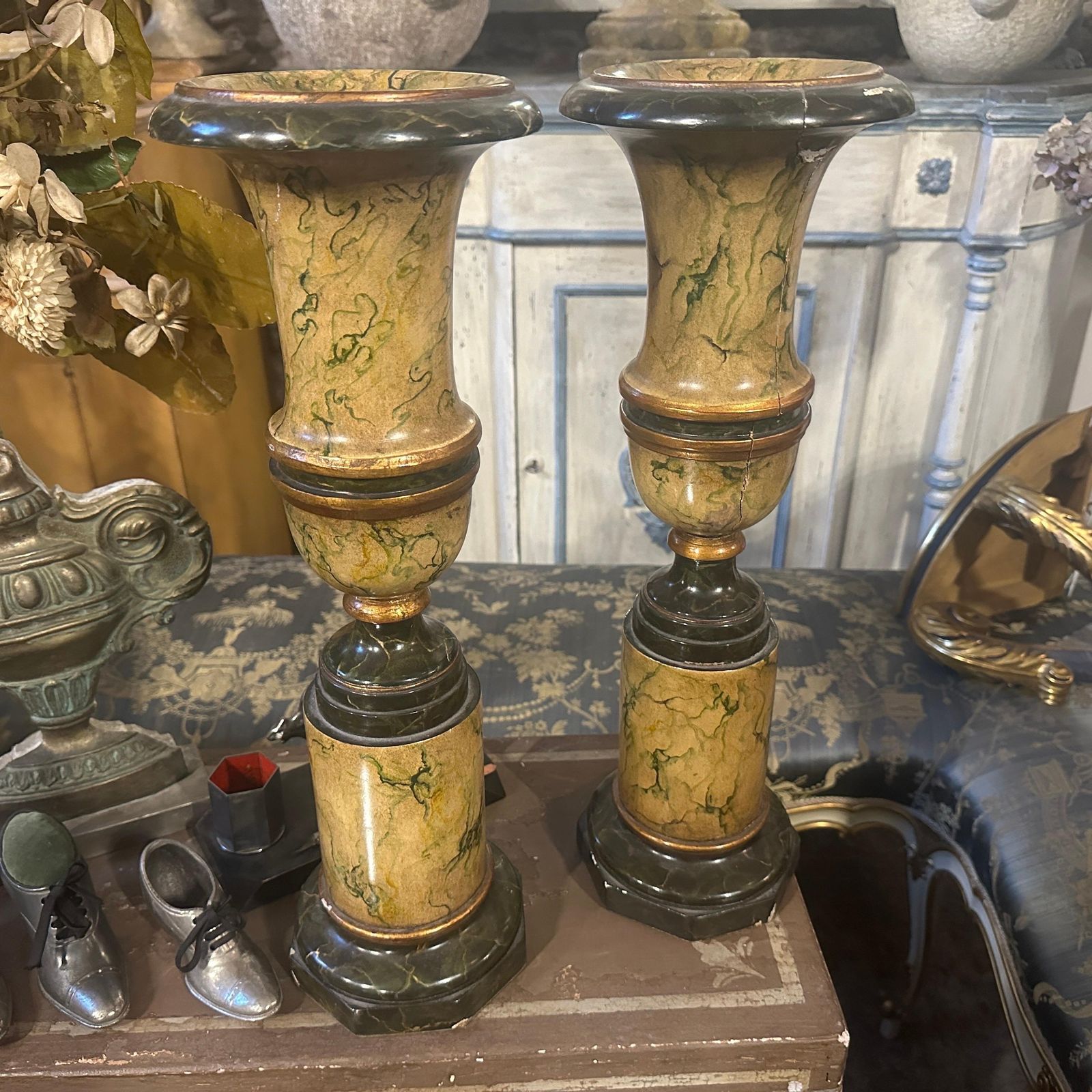 Home Decor Two Art Deco Faux Marble Lacquered Wood Italian Vases photo