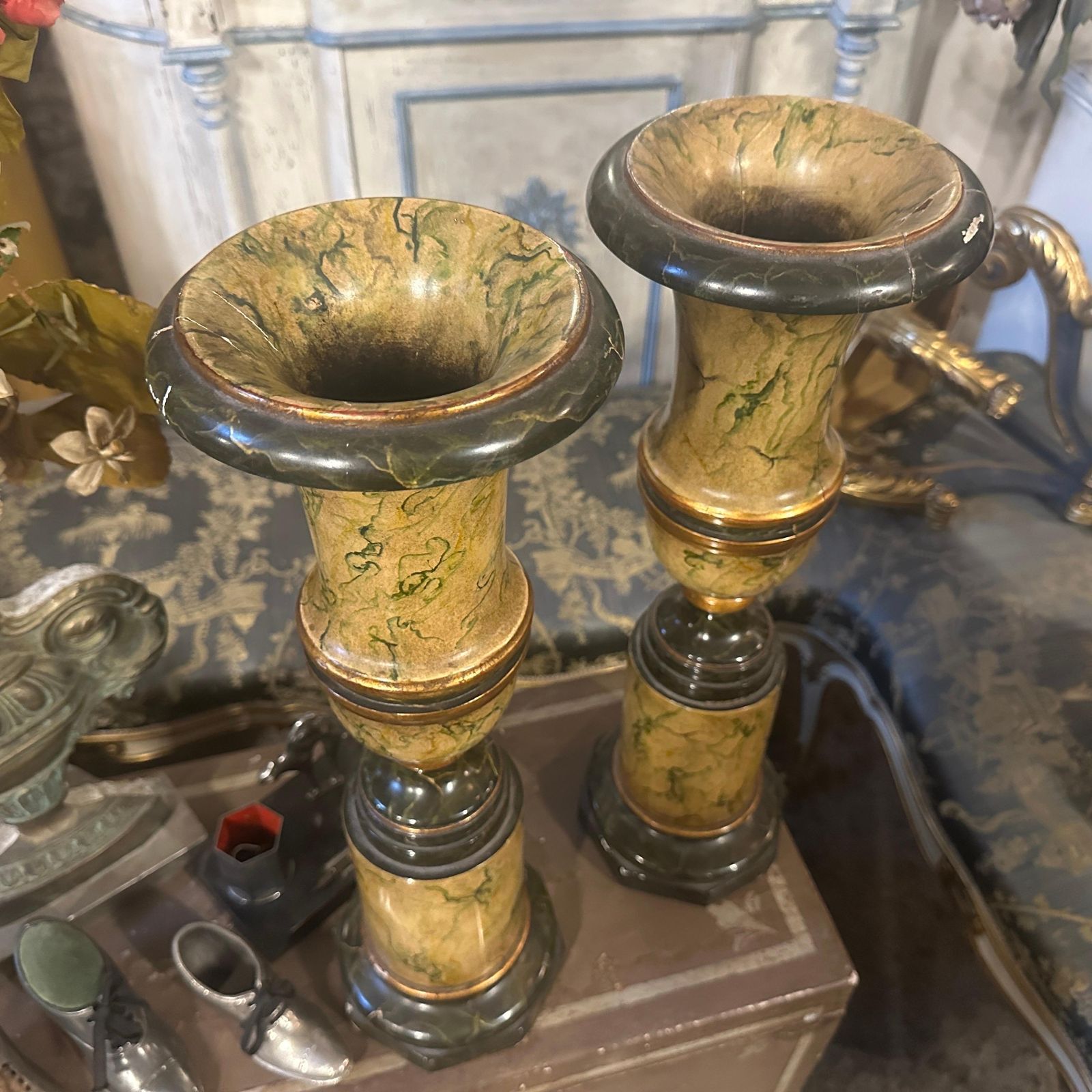 photo vinterior Two Art Deco Faux Marble Lacquered Wood Italian Vases