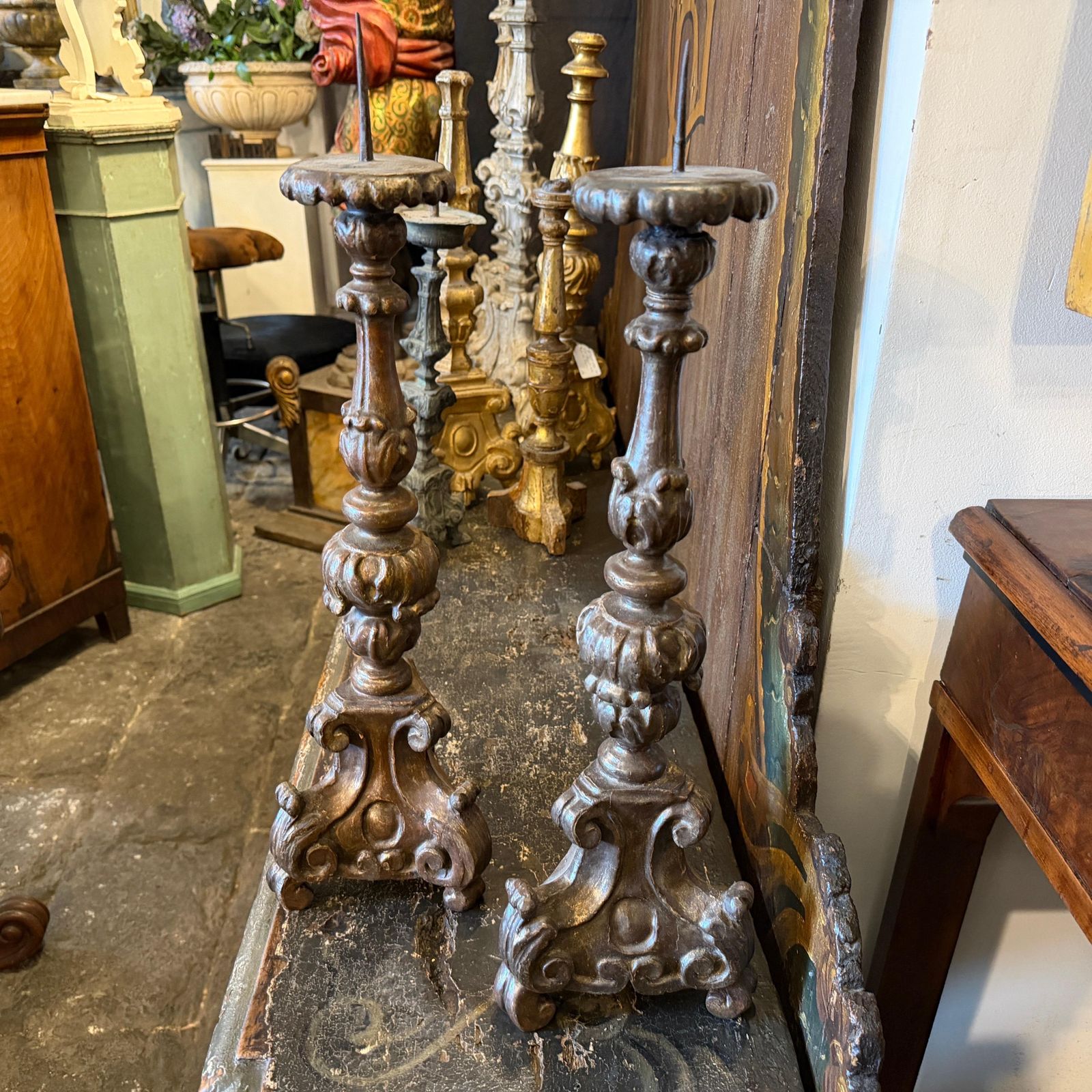 photo for sale A Pair Of Louis XVI Hand Carved Wood Antique Sicilian Torcheres