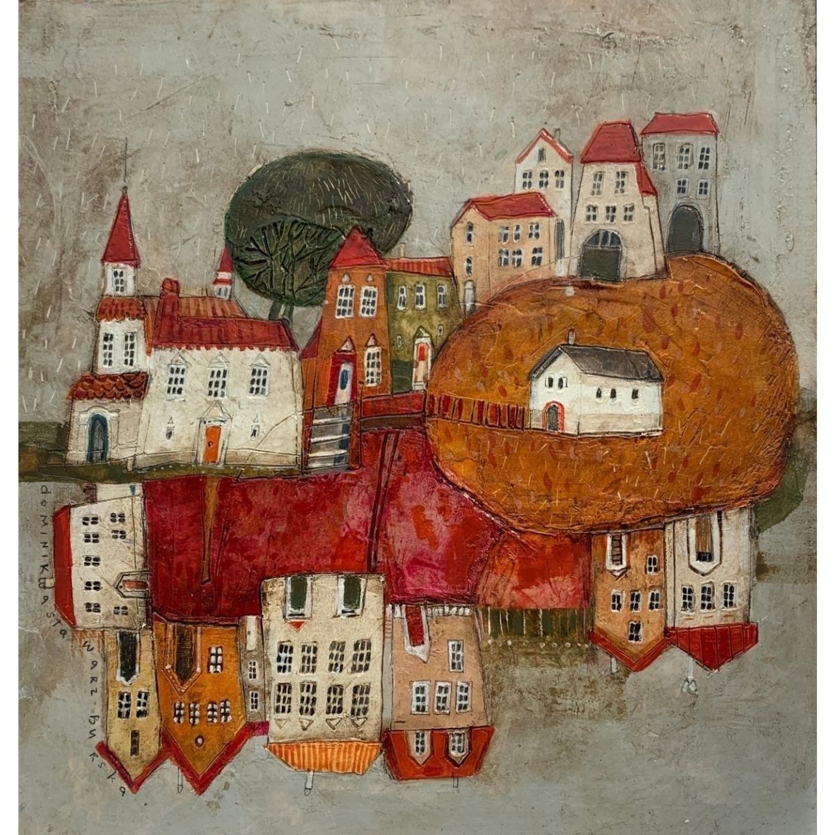 Dominika Stawarz Burskaa Town 11. Contemporary Figurative Mixed Media Artwork, Landscape, Polish Art2023 photo 850.0