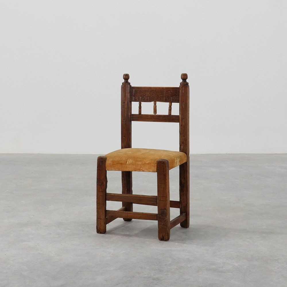 Spanish Hand Carved Oak Side Chair With Velour Seat, 19th Century