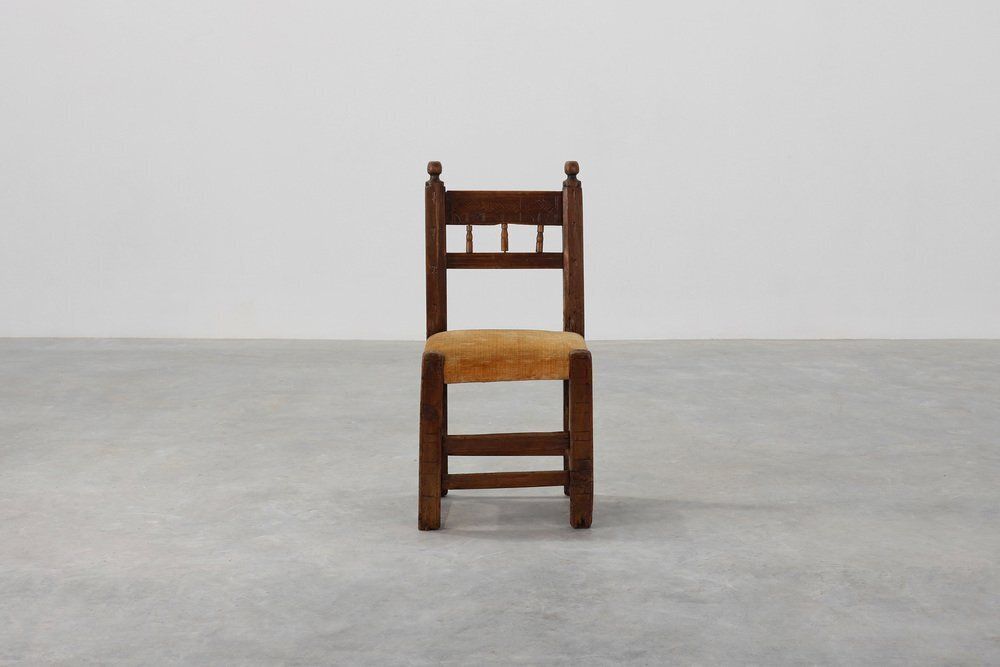 Spanish Hand Carved Oak Side Chair With Velour Seat, 19th Century photo 1057.0
