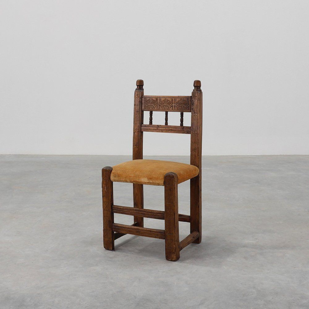 Spanish Hand Carved Oak Side Chair With Velour Seat, 19th Century