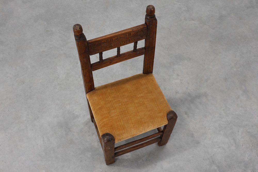 photo furniture Spanish Hand Carved Oak Side Chair With Velour Seat, 19th Century