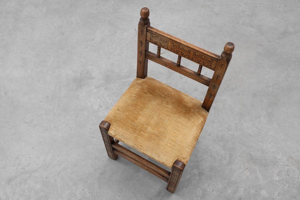 photo furniture Spanish Hand Carved Oak Side Chair With Velour Seat, 19th Century