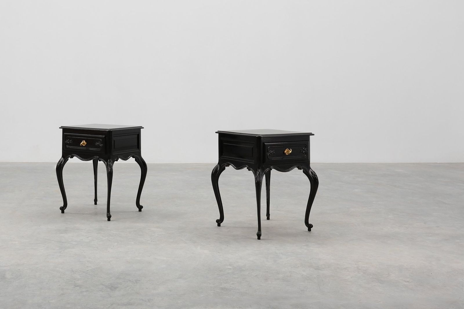photo for sale Louis XV Style Nightstands In Black Lacquered Oak, France, 1950s, Set Of 2
