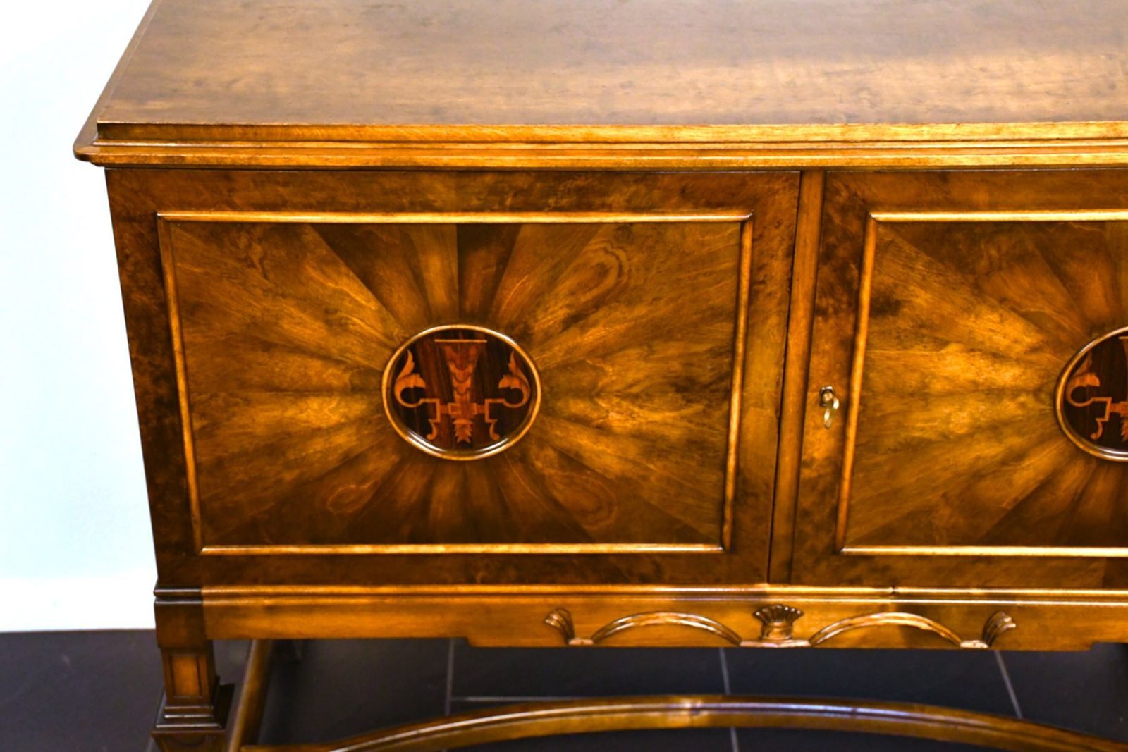 Swedish Grace Flamed Birch Sideboard From Seffle Möbelfabrik, Late 1920s photo vintage