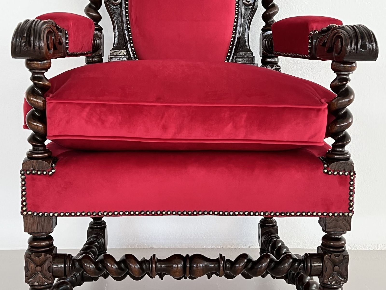photo for sale Italian Baroque Throne Armchair In Nutwood Reupholstered In Velvet
