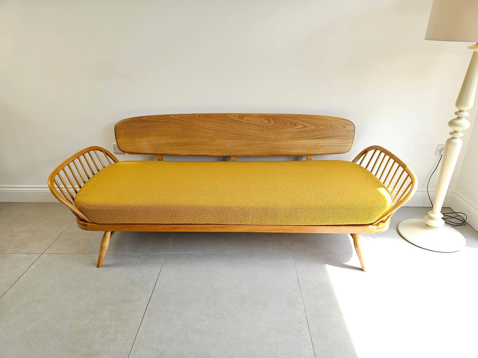 photo for sale Ercol 355 Studio Couch/Daybed, Fully Restored With Saffron Boucle Seat Cushion And Optional Scatter Cushions.