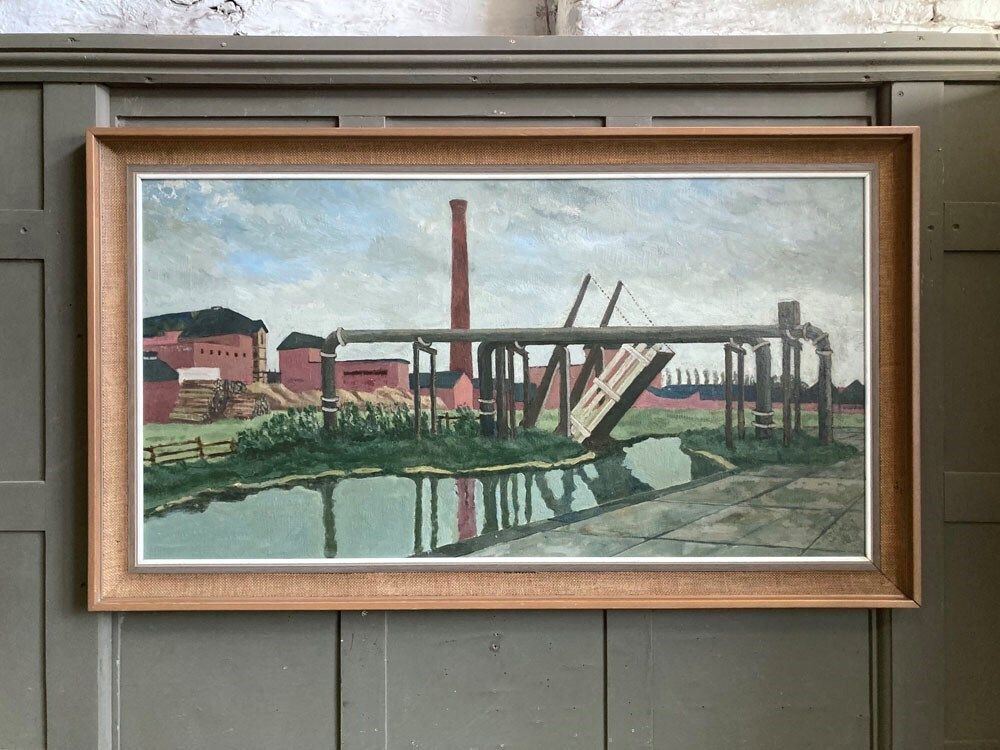 Industrial Canal Landscape Oil Painting photo furniture