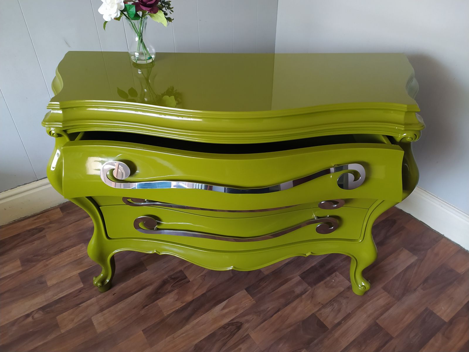 Green Lacquered Chest Of Drawers: Creazioni Berto Steel Handle Dresser photo 699.0