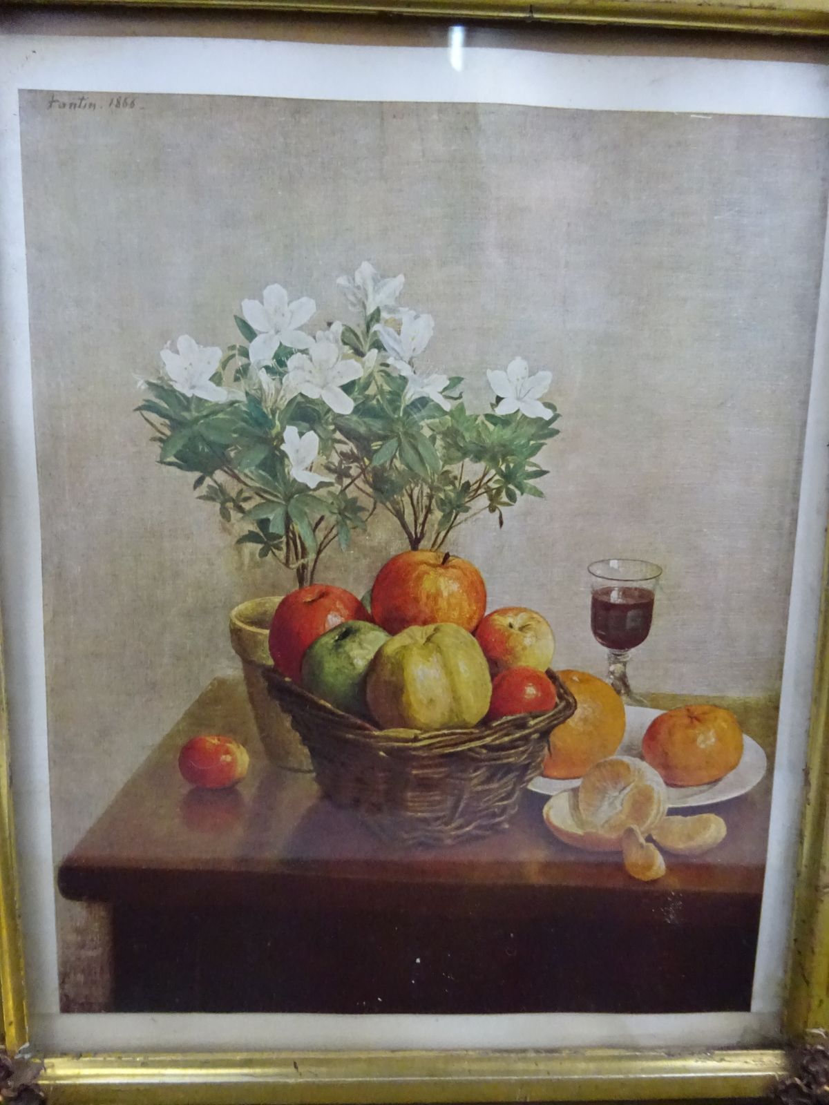 photo furniture Victorian Criss Cross  Tramp Art Gilt Gesso Frame. With Fantin Still Life Litho. Rare Find