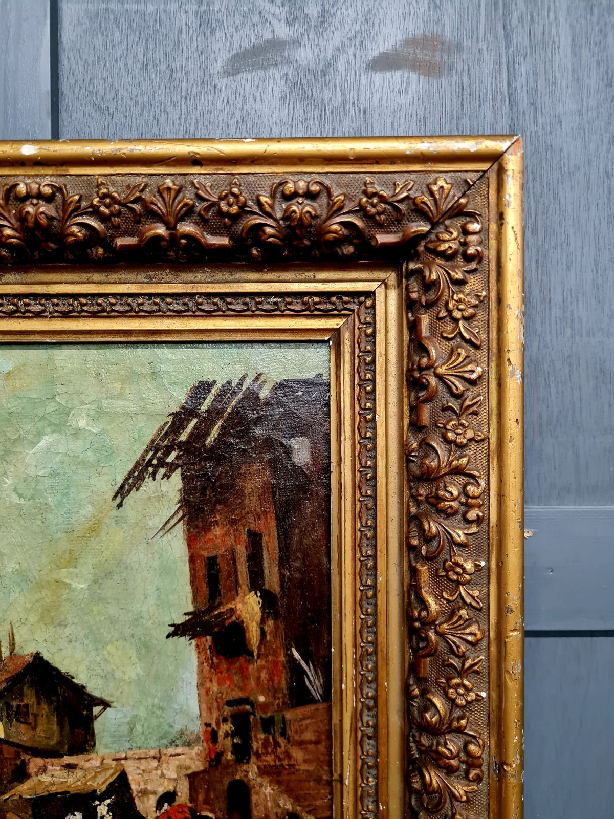 photo furniture 19th Century Continental Rustic Village Oil Painting In Original Gilt Frame C.1855–1875