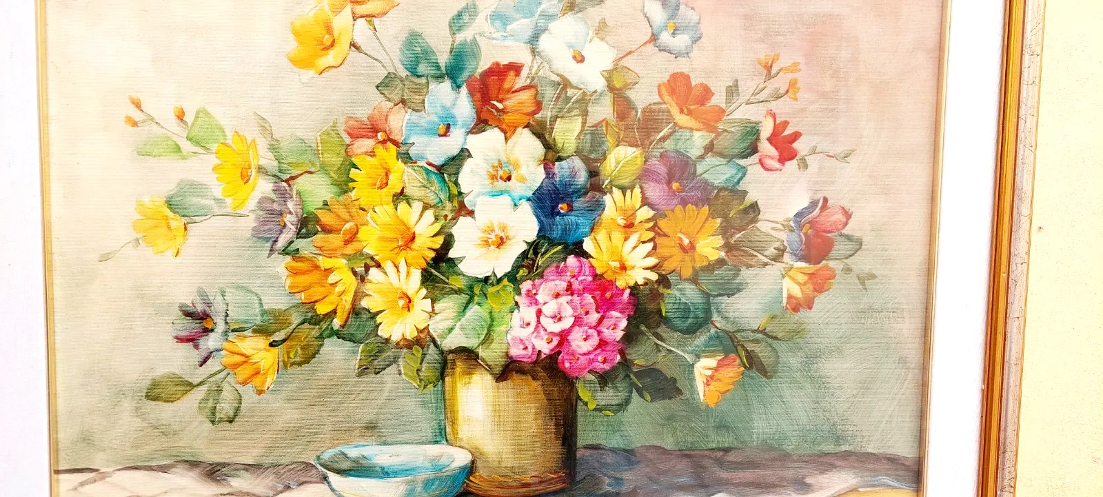 Oil Painting On Canvas Flowers A. René 50x70 Cm 60s/70s photo for sale