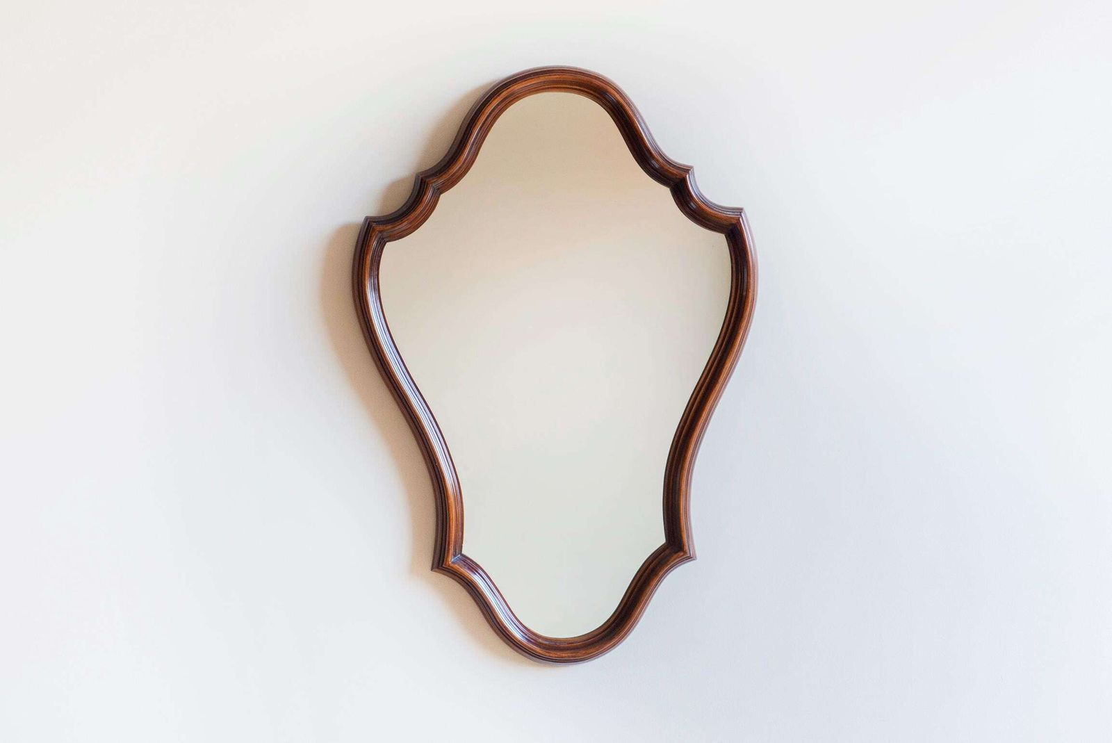 Vintage Belgian Scalloped Mirror – Solid Walnut Frame – Rococo Revival Wall Mirror – Dark Wood Farmhouse Decor