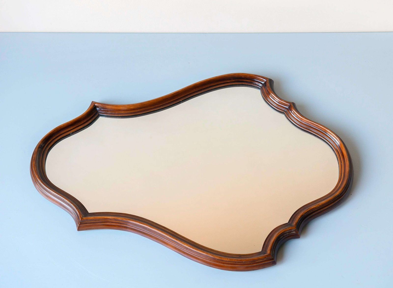 Vintage Belgian Scalloped Mirror – Solid Walnut Frame – Rococo Revival Wall Mirror – Dark Wood Farmhouse Decor photo vinterior