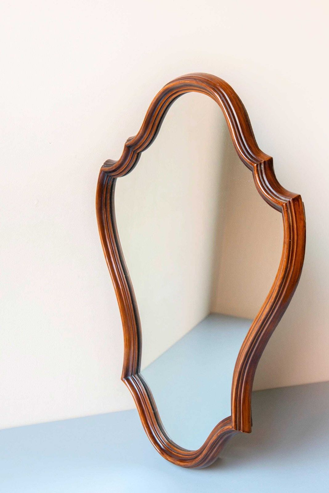 photo for sale Vintage Belgian Scalloped Mirror – Solid Walnut Frame – Rococo Revival Wall Mirror – Dark Wood Farmhouse Decor