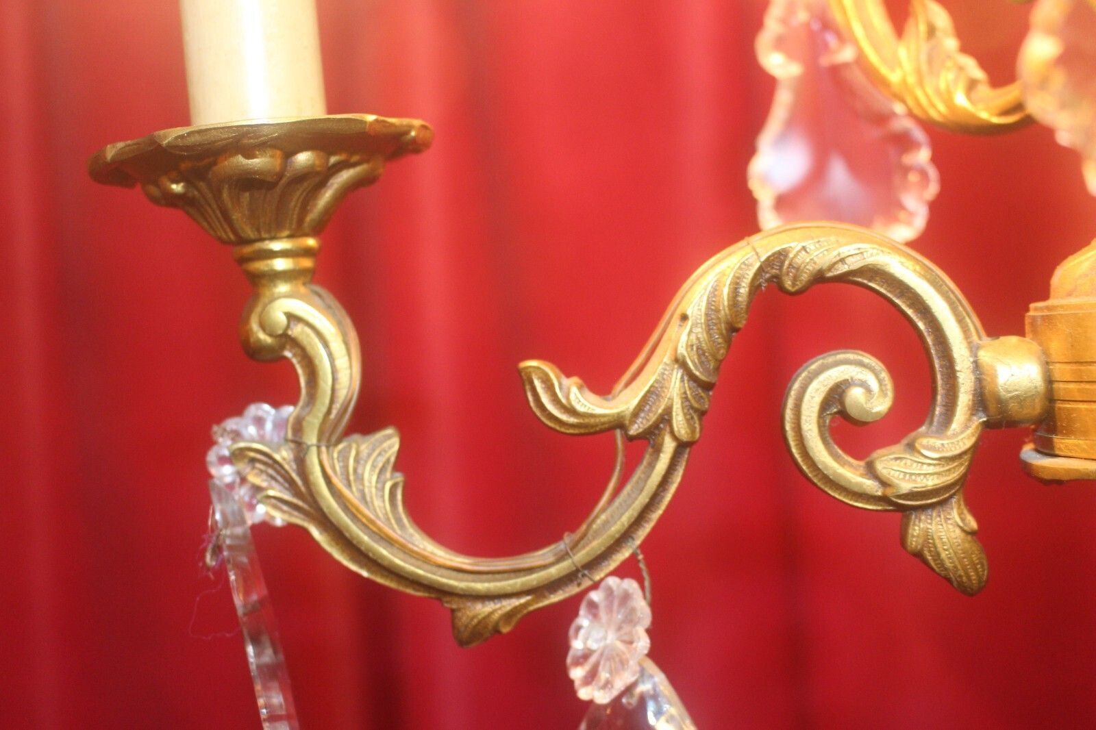 Antique French Bronze & Crystal Rococ 3 Arms Chandelier photo vintage